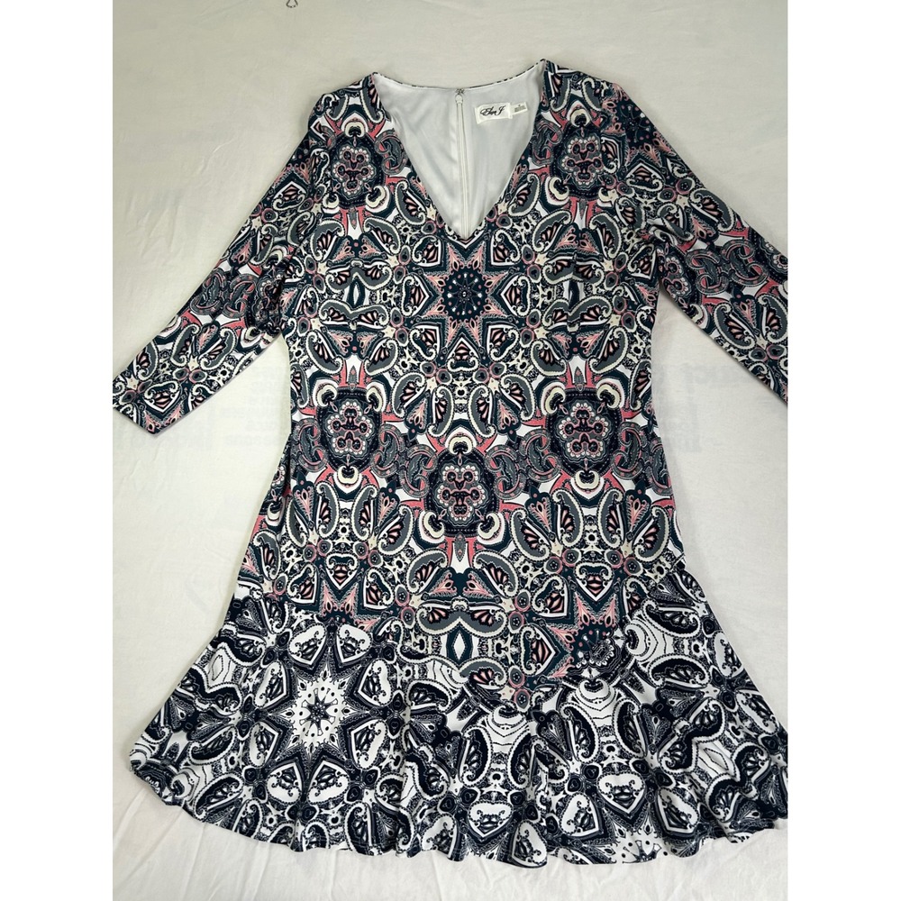 Eliza J Womens Navy Pink Paisley V-Neck 3/4 Sleeve Flounce Hem‎ Shift Dress 14